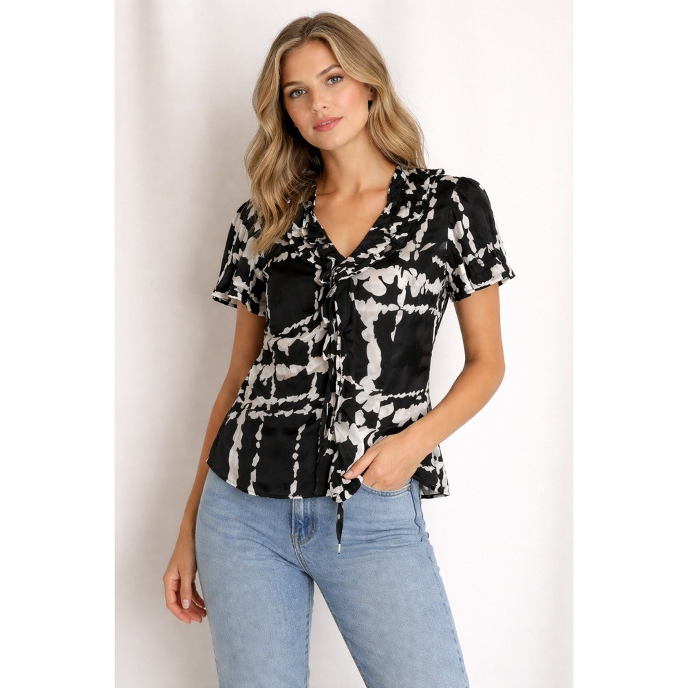 BCBGMaxAzria- Light Cream and Black‎ Ruffled Detailed Blouse Size S